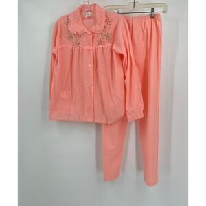 Katz Womens M Vintage Pajamas Peach Embroidered Peter Pan Collar Button‎ Front
